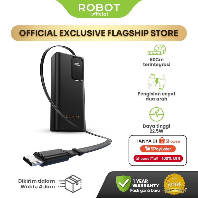 ROBOT Powerbank  Fast Charging 10000mAh 22.5W Built IN Type-C Cable 60cm Dual Input dan Dual Output 