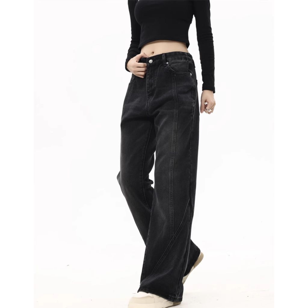 Dark Icon Flare Jeans Pria Wanita Celana Denim Hitam Unisex