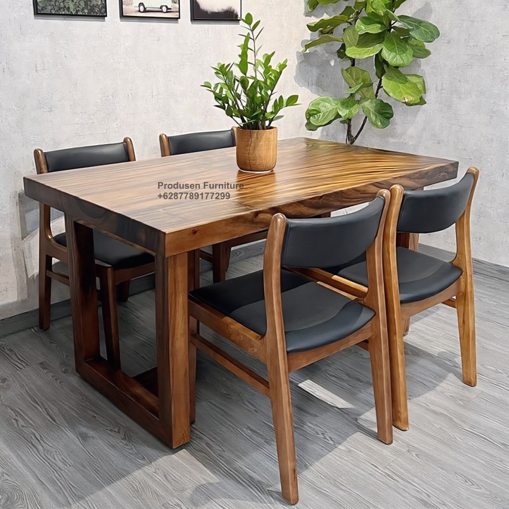 Set Meja Makan Kayu Solid Trembesi 4 Kursi Minimalis Modern