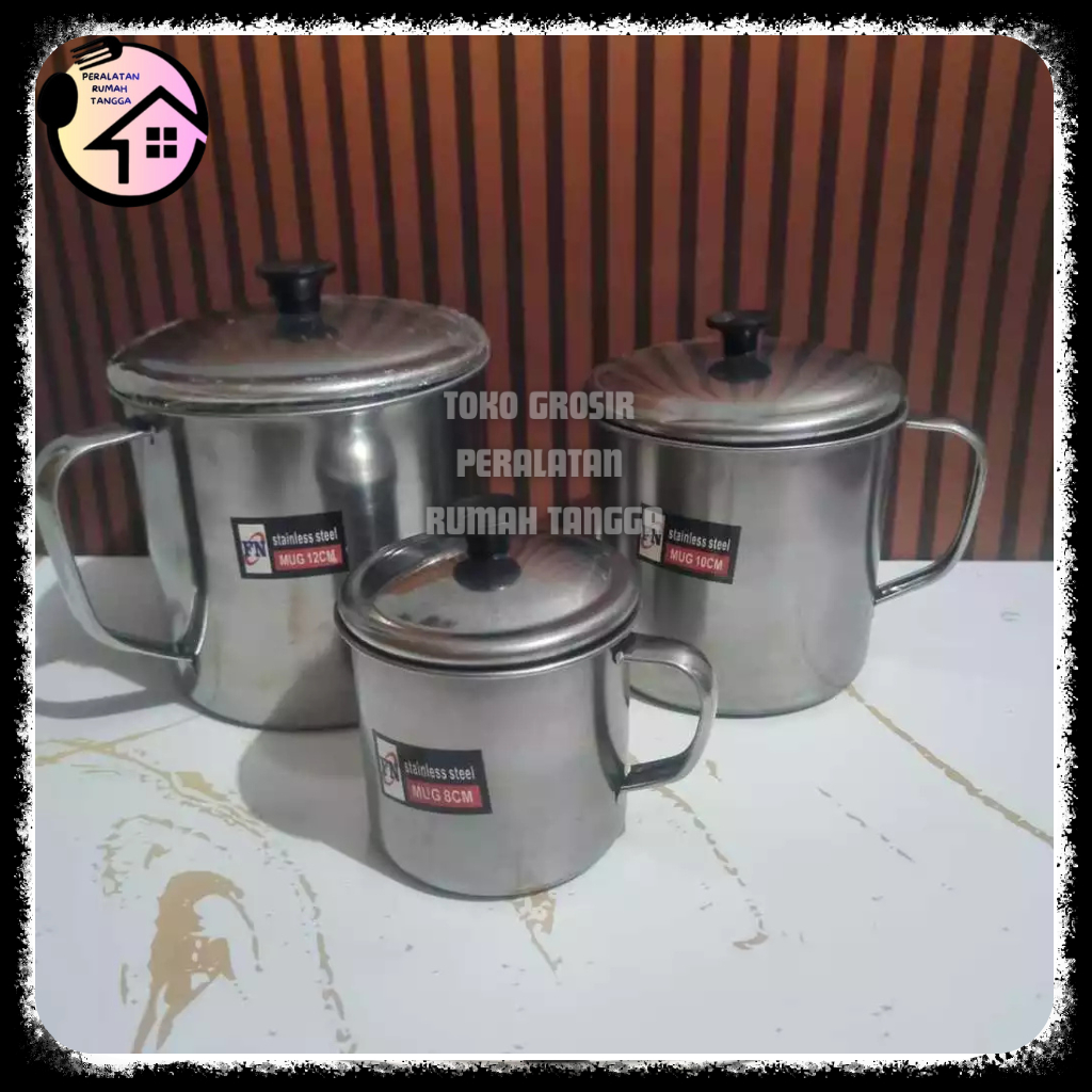 CANGKIR STAINLESS UKURAN 8CM, 10C, 12CM, 14CM PAKAI TUTUP / MUG STAINLESS  PAKAI TUTUP KUAT AWET