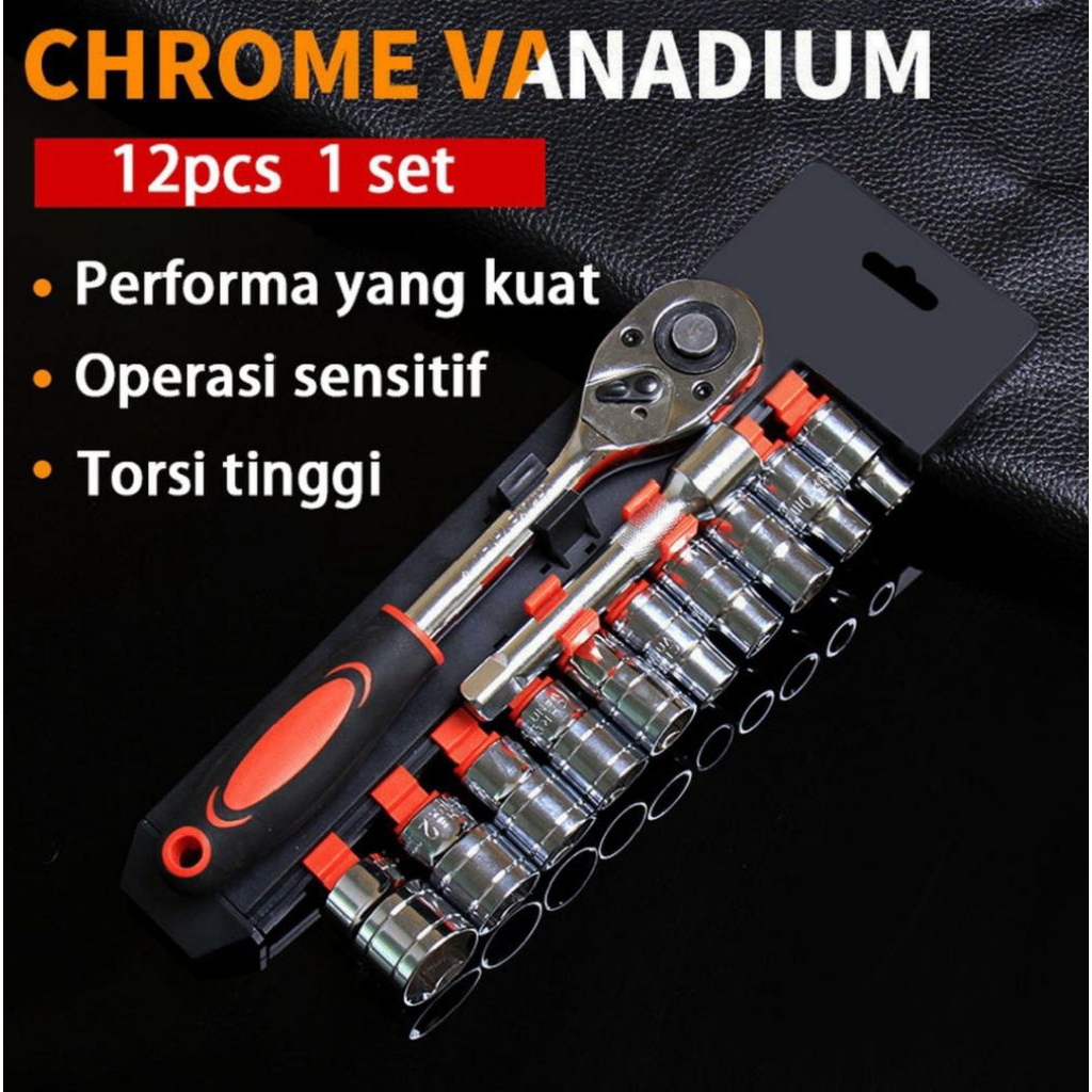 KUNCI SOK RACHET 1/2" SET MATA SHOCK 12PCS
