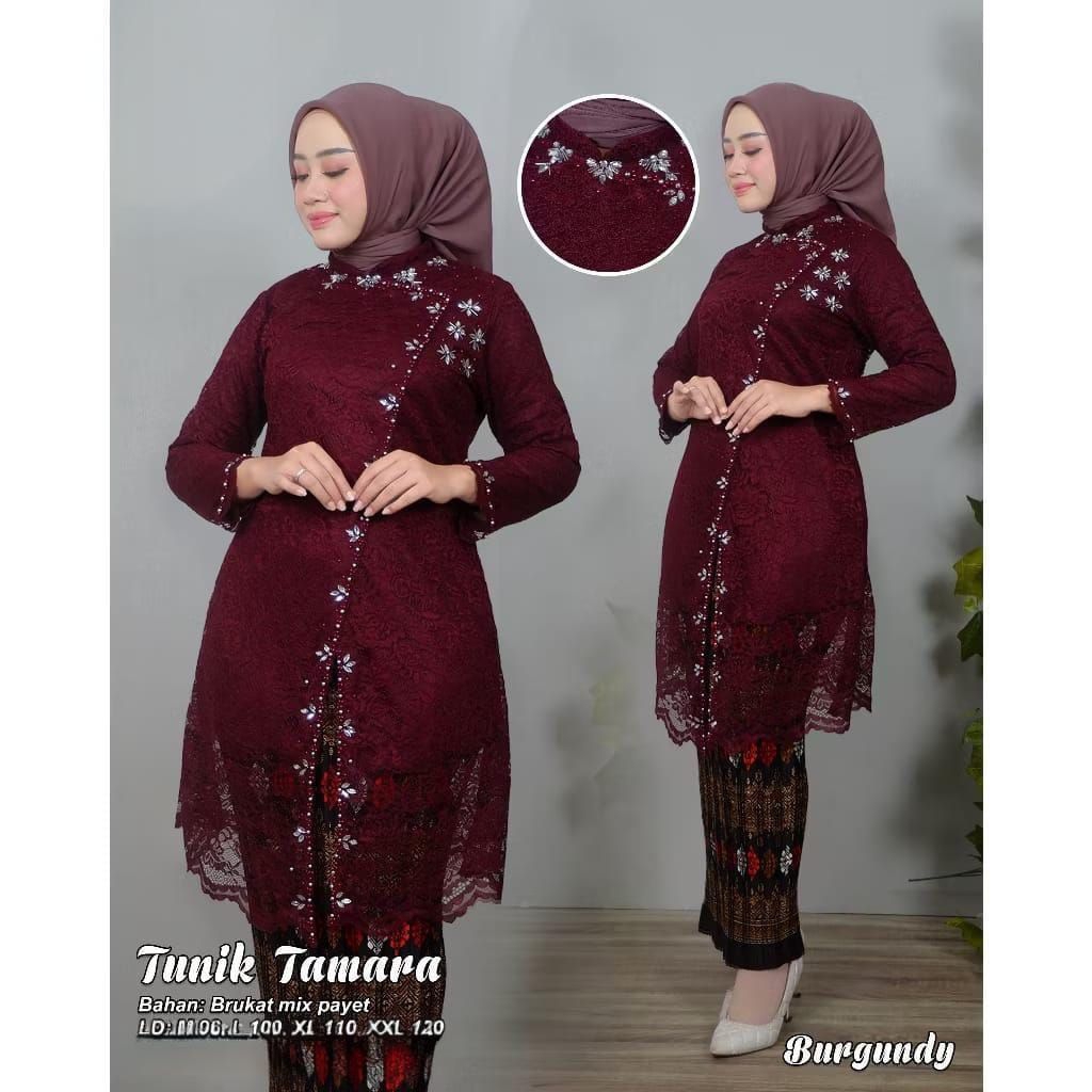 FREE HIJAB Kebaya Tunik Brukat Tamara Payet Set Rok Plisket Batik Baju Kondangan Modern