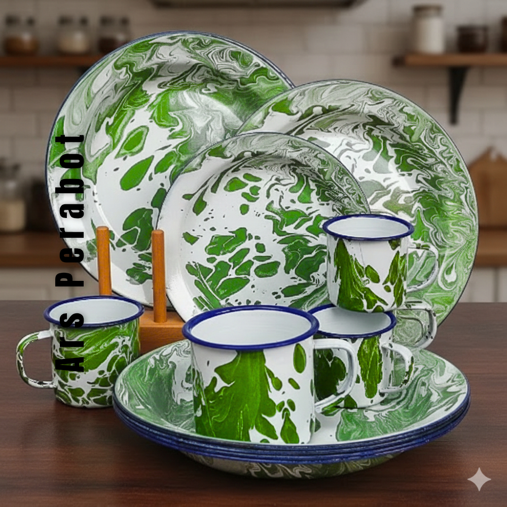 SET 6 PCS Mug Piring Enamel Motif Blirik Hijau / Enamel Jadul Vintage