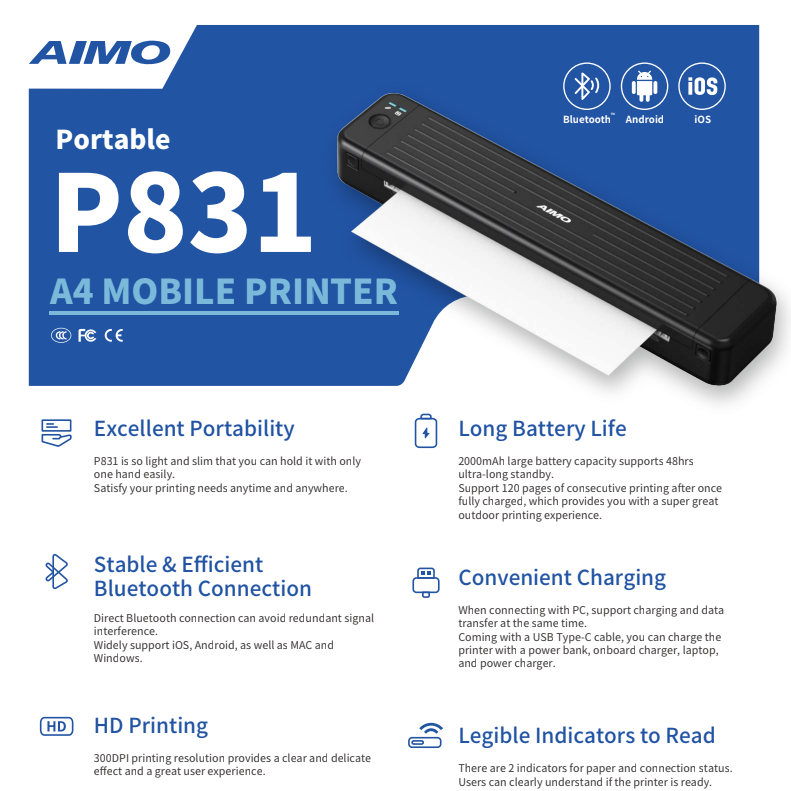 Portable Thermal Printer AIMO P831 | Print Pakai Kertas A4 Biasa - P831