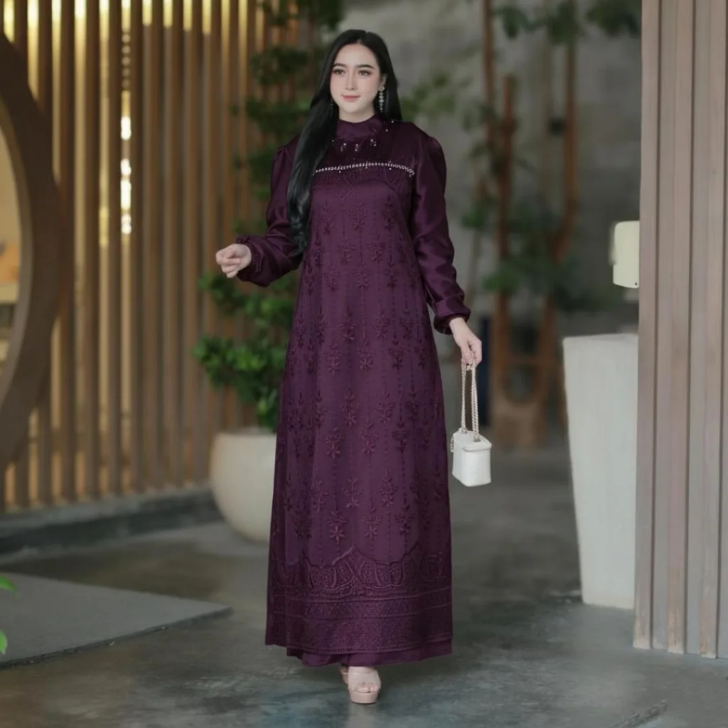 BAJU MUSLIM RIANTI DRESS VELVET MIX BRUKAT APLIKASI PAYET MUTIARA SERAGAMAN LEBARAN