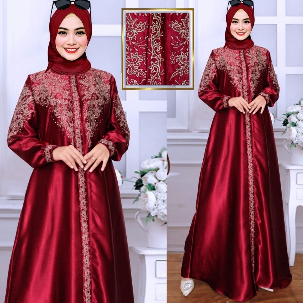 COD Free hijab_Gamis Satin Crystal Bordir Premium Wanita Muslimah | Elegan Mewah untuk Pesta & Konda