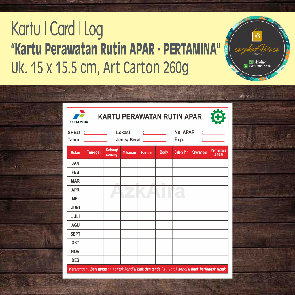Kartu Checklist Ceklis Log Perawatan Rutin APAR | Pertamina - Uk. 15x15.5 cm