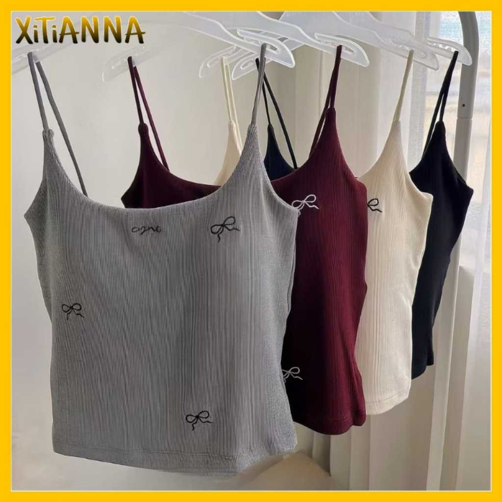 XT BRA TankTop Wanita Cropped Lengan Pendek Motif Pita Tali Kecil Spageti BRA122