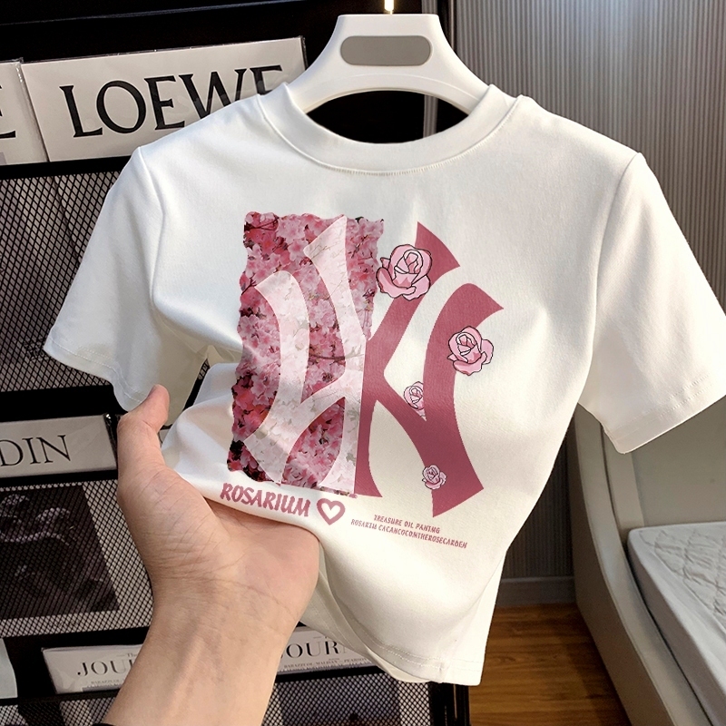 BLINDBLACK  T-shirt Crop Top y2k Lengan Pendek Kaos Wanita Crop Top Logo NY BUNGA PRINT Wanita Terba