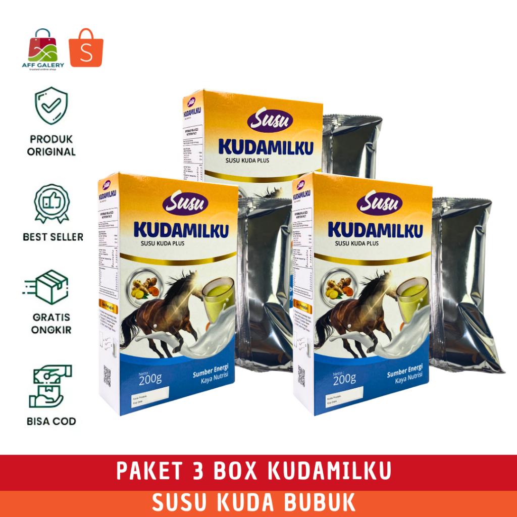PAKET 3 BOX Kudamilku - Susu Kuda Bubuk PLus Guka Aren Isi 200gr Untuk Asam Urat, Tulang Dan Nyeri S