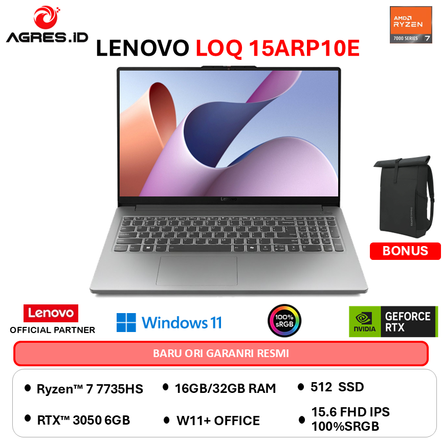 LENOVO LOQ 15 RYZEN 7 7735HS RTX3050 6GB - RAM 32GB 512GB W11+OHS 15.6FHD 144HZ 100SRGB BLIT -1AID