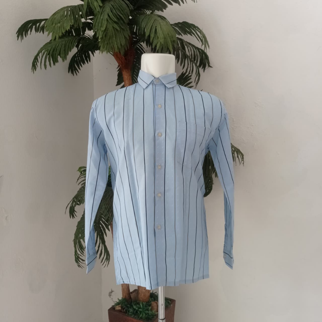Kemeja Pria Tangan Panjang Motif Garis-garis Vertikal Biru