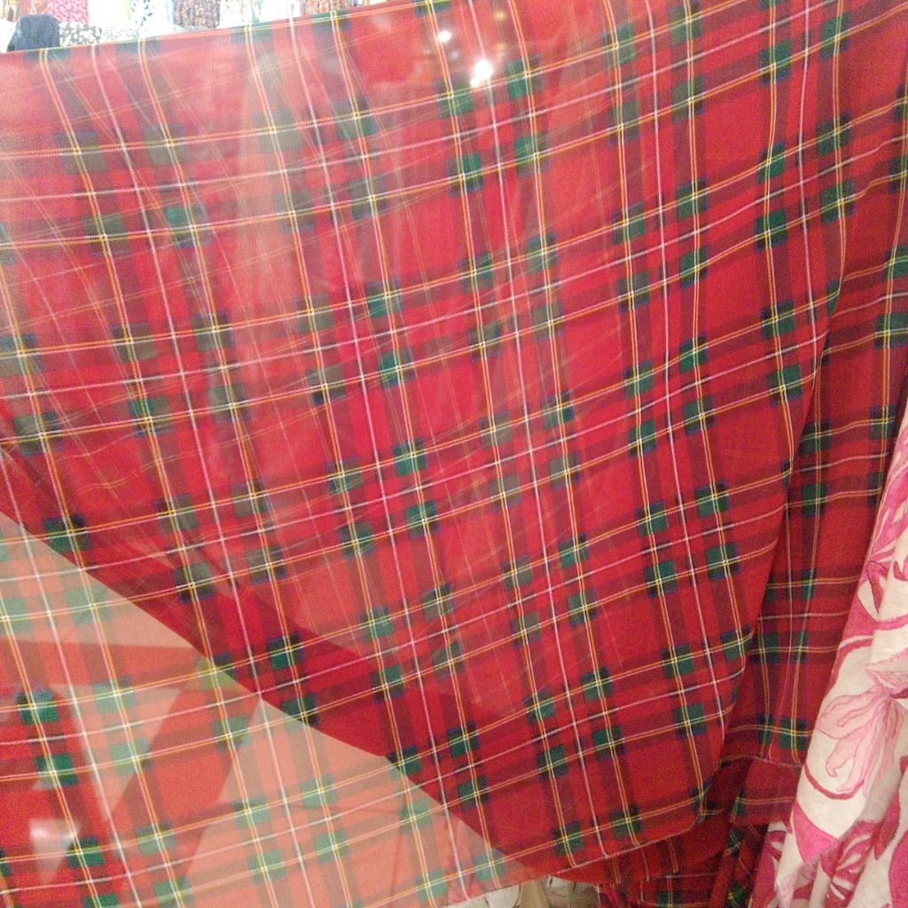 Kain Sifon Ceruty Motif Kotak Tartan Merah - Bahan Ceruti Babydoll Premium Meteran Lq