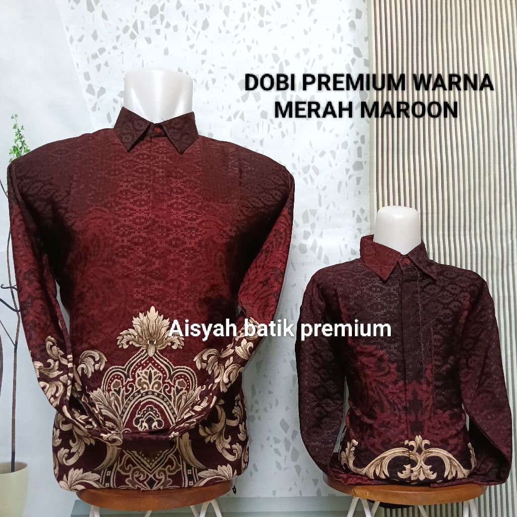 Batik merah maroon dobi premium pasangan ayah dan anak laki-laki lengan panjang