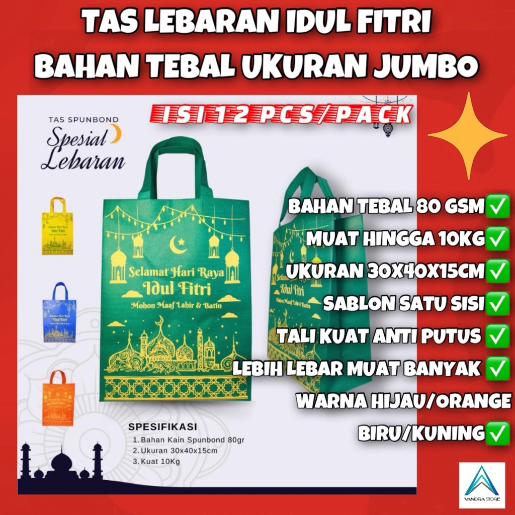 Goodie Bag Lebaran Isi 12 Pcs Spunbond - Tas Hampers Idul Fitri Jumbo (30x40x15cm)