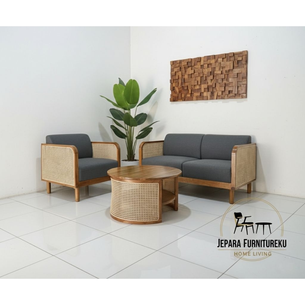 Set sofa jati mix rotan Japandi style / sofa rangka jati jepara / sofa rotan jepara / sofa aesthetic