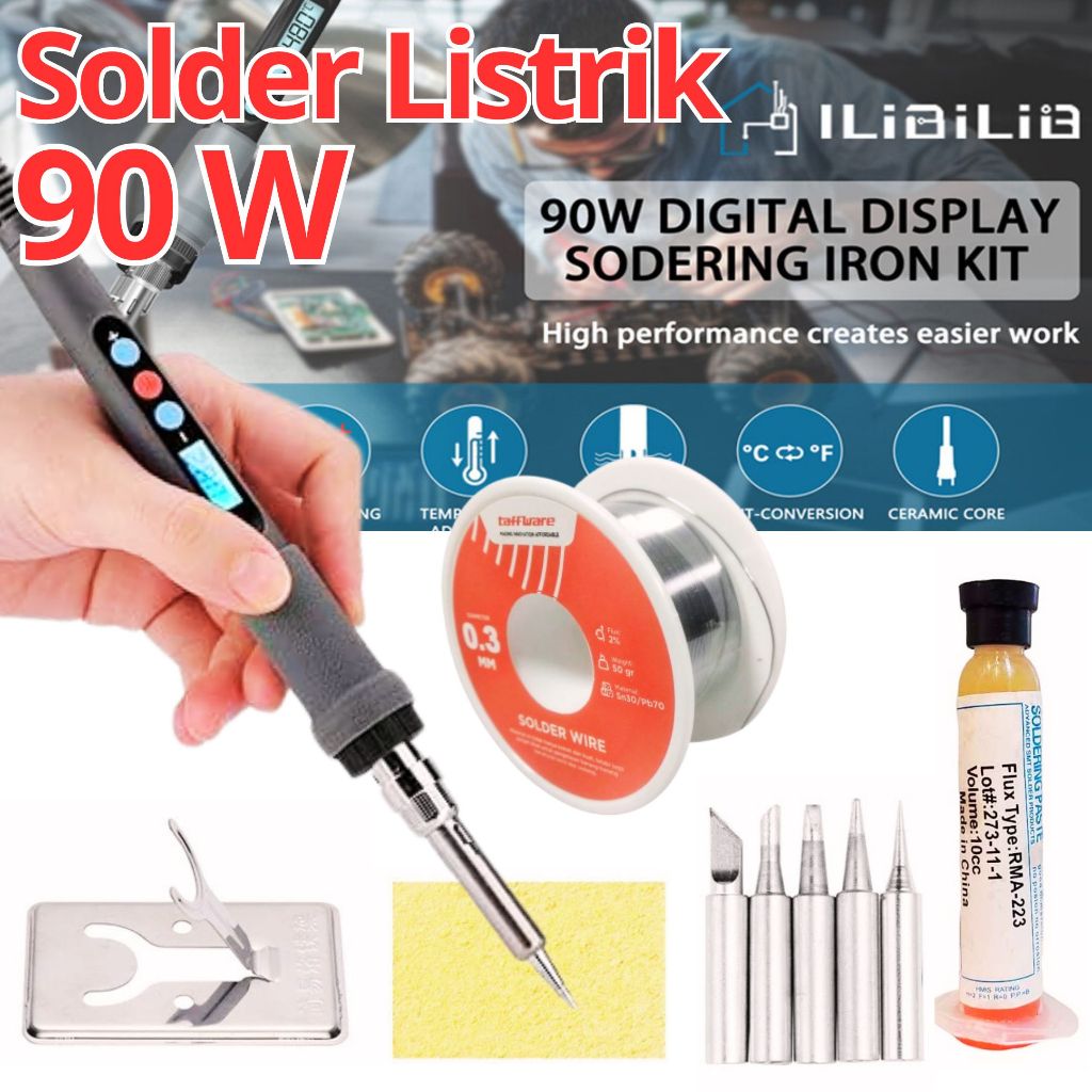 Solder Listrik 90W + Timah + Pasta Flux Dengan Set 5 Mata Solder LCD Adjustable Temperature