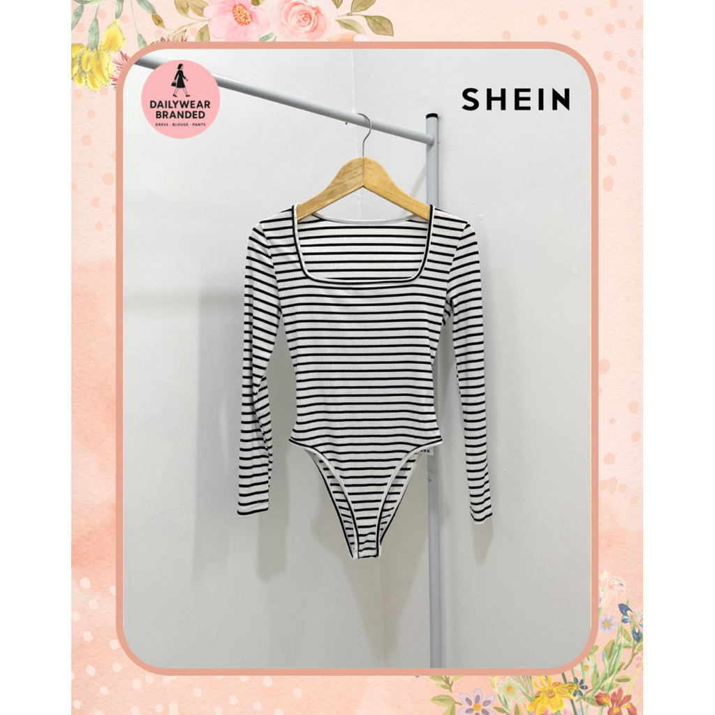 SHEIN ORIGINAL Frenchy Striped Square Neck Tee Bodysuit Black White Leher Kotak Salur