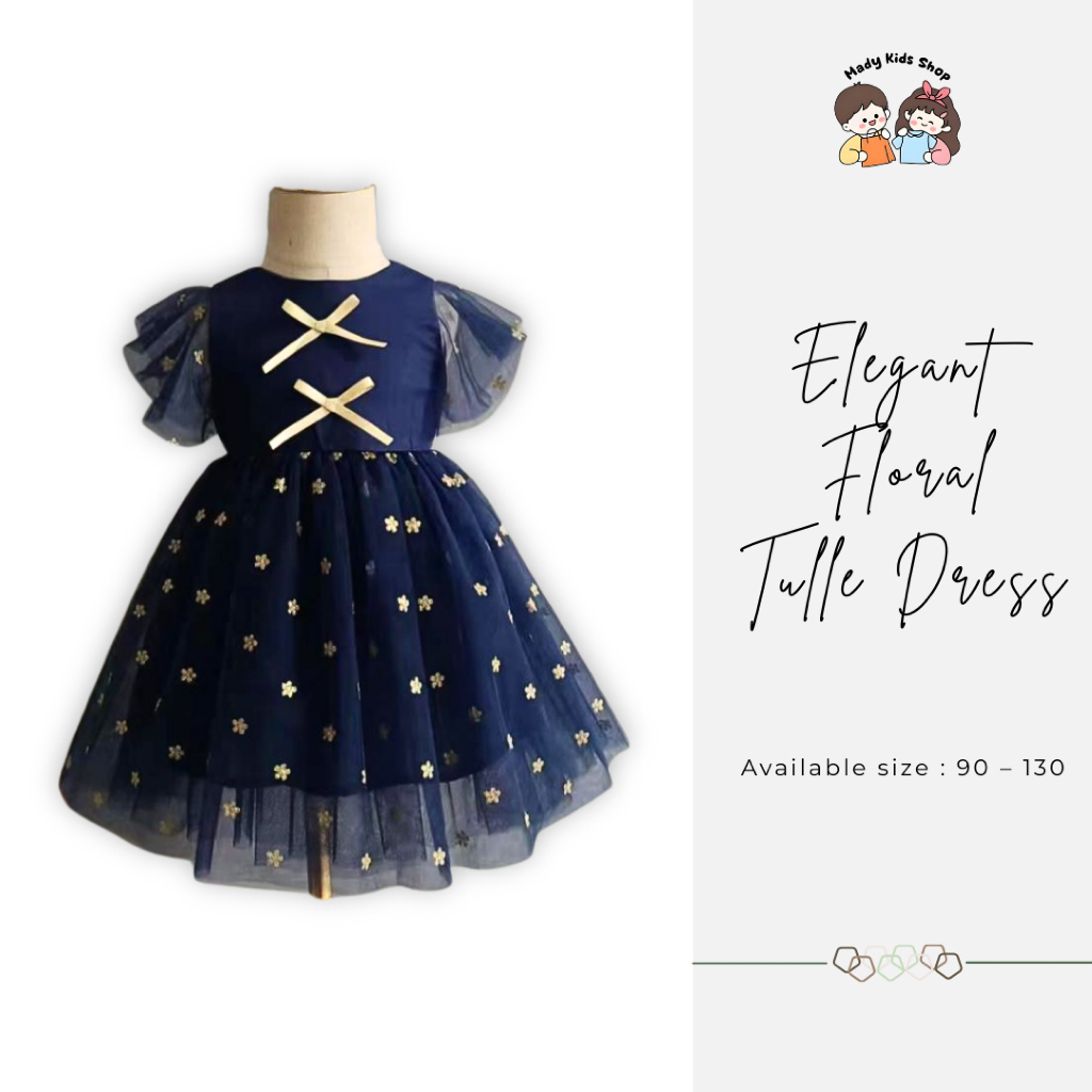 Dress Anak Perempuan Navy | Gaun Tulle Bunga Gold Pita Lucu | Baju Pesta Anak Perempuan Elegan