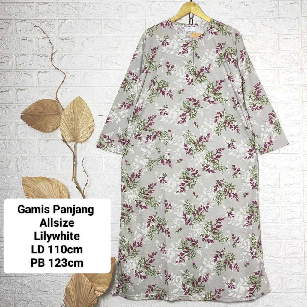Gamis Lengan Panjang Bahan Kaos Motif Bunga Eksklusif Lily White