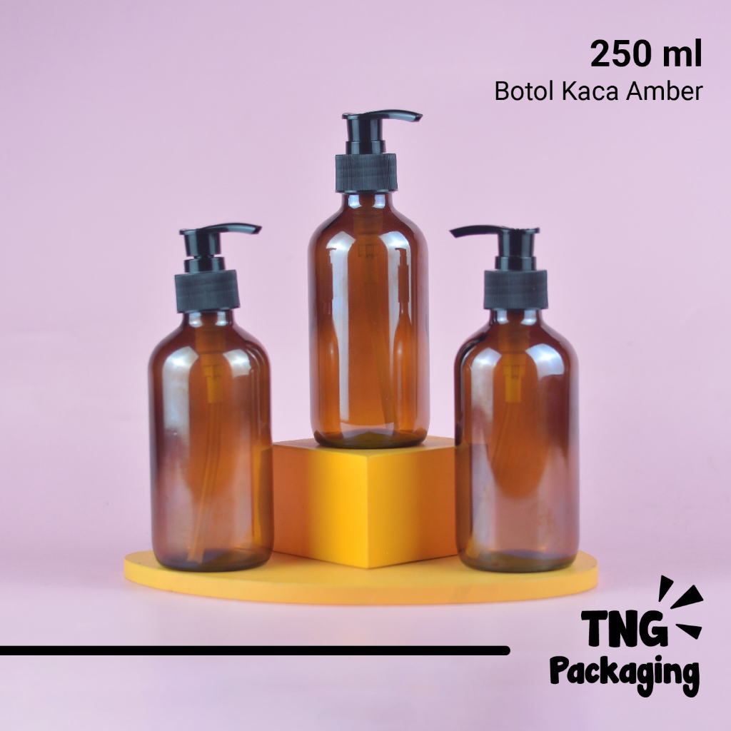 Botol Kaca Amber Pump Hitam 250ml – Wadah Isi Ulang Sabun, Lotion, Shampoo, Skincare, Minyak Cair, B