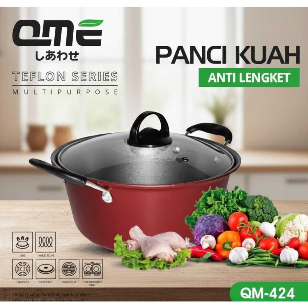 Panci Kuah QME 24cm Teflon Anti Lengket - Dutch Oven Serbaguna QM-424 + Tutup Kaca