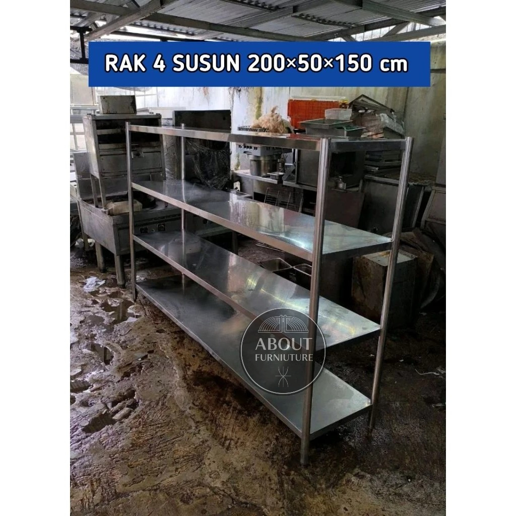 Rak Peniris MBG Stainless 200×50×150cm | Rak Stainless Dapur MBG 4 Susun | Rak 4 Susun | Rak Dapur 4