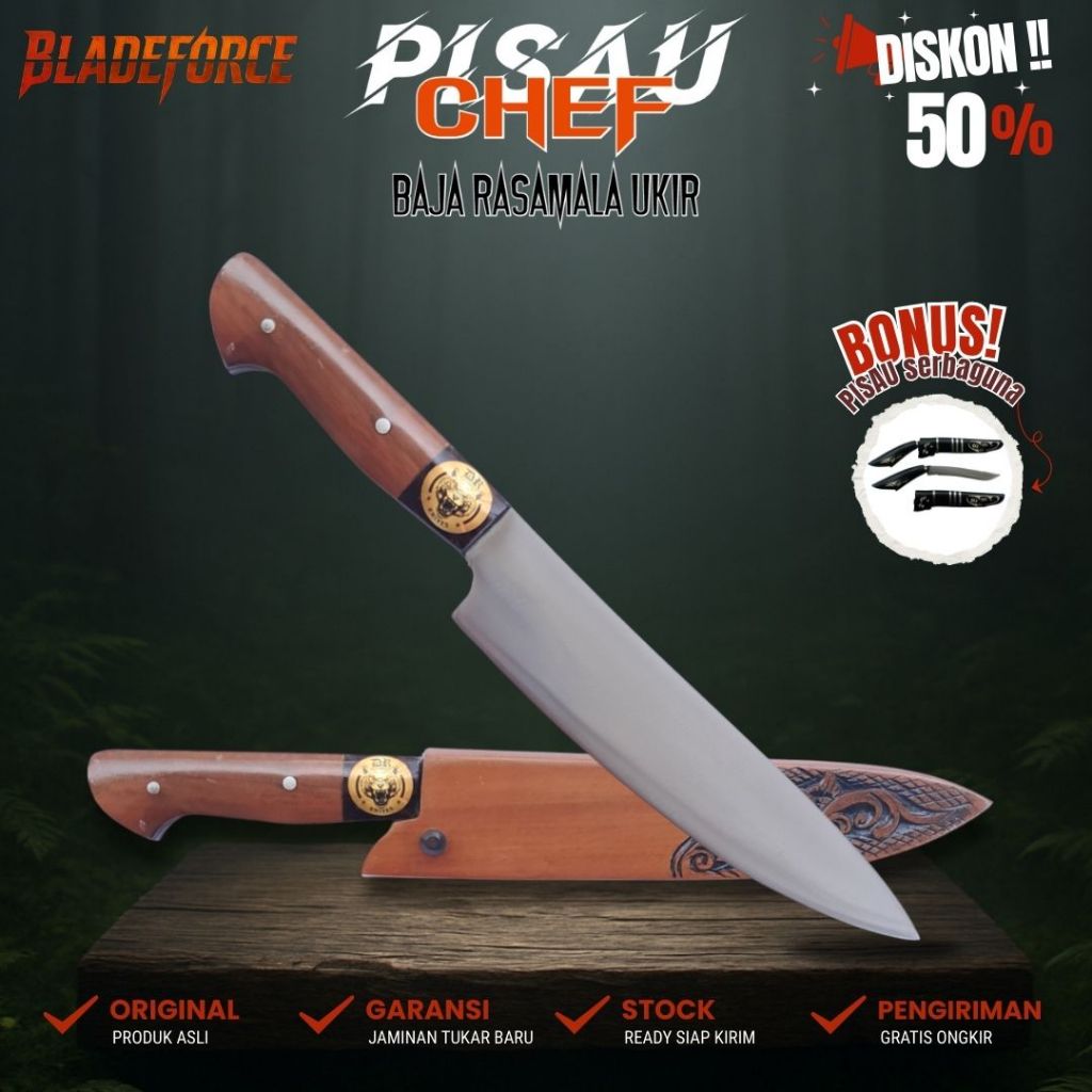 Pisau Chef - Baja Full Tang Sarung Kayu Rasamala Ukir