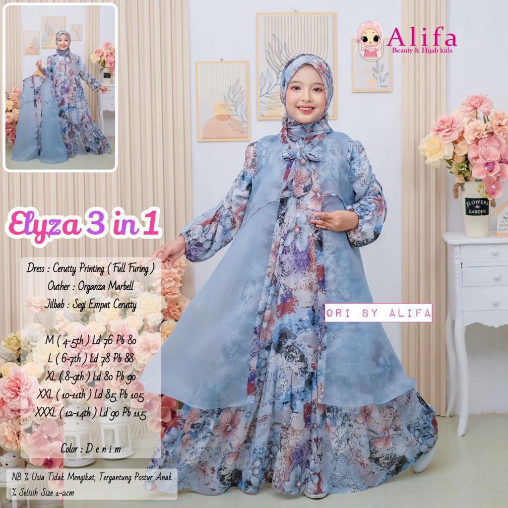 Gamis Anak Perempuan 3in1 ELYZA Ori Alifa | Dress Ceruty Printing Full Furing + Outer Organza + Jilb