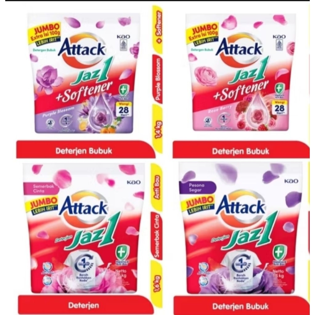 Attack Jaz1 Jumbo Detergen Bubuk + Softerner Bersih dan Wangi 28 Hari Rose Berry