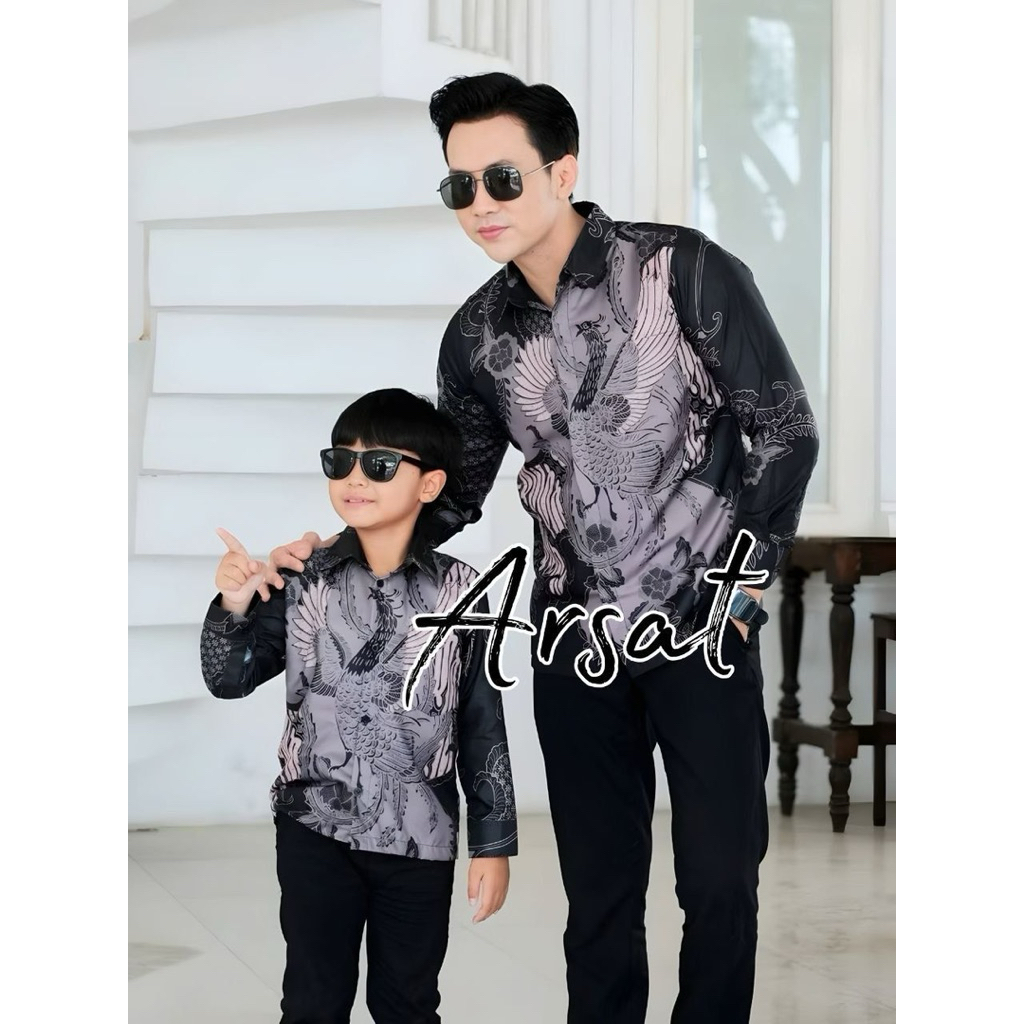 Kemeja Batik Pria Dewasa Lengan Panjang Pendek COuple Batik Ayah Anak Cowok Motif Soang Hitam