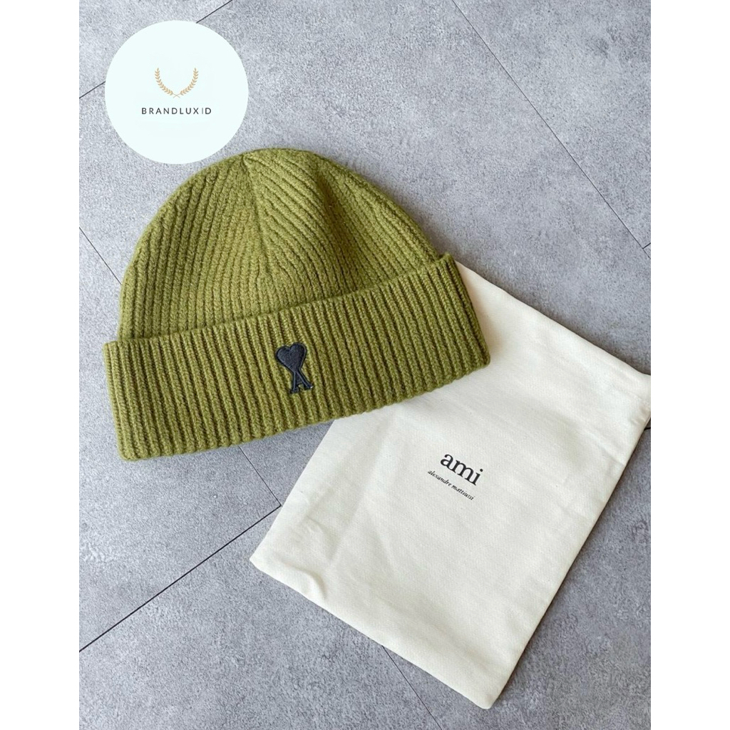 Ami Paris Logo Beanie Hat Ecru & Khaki