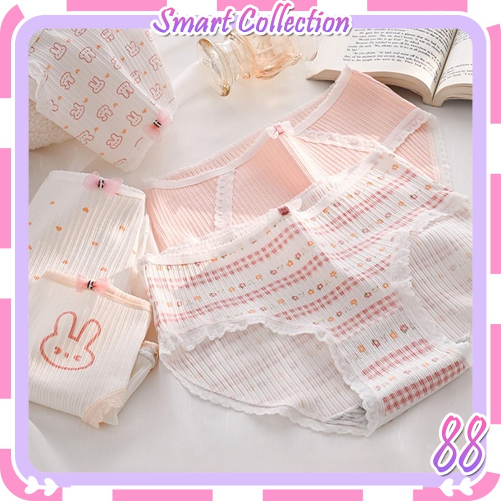 SC CD2149 CD Celana Dalam Katun Renda Pita Wanita Rabbit Head Pink Putih Menyerap Keringat Lembut