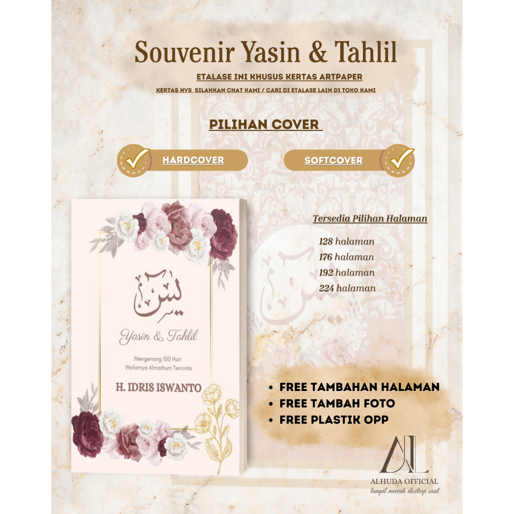 Buku Yasin dan Tahlil Custom / ARTPAPER / Nama - Ucapan - Foto / Hardcover / Softcover / Cetak Yasin