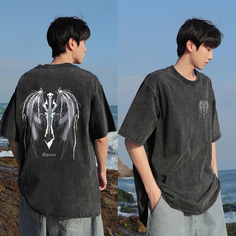 PUERTO Kaos Distro Pria Washed Tshirt Vintage Oversize Sayap Mekanik Kerangka Batu Gelap Baju Cowok 