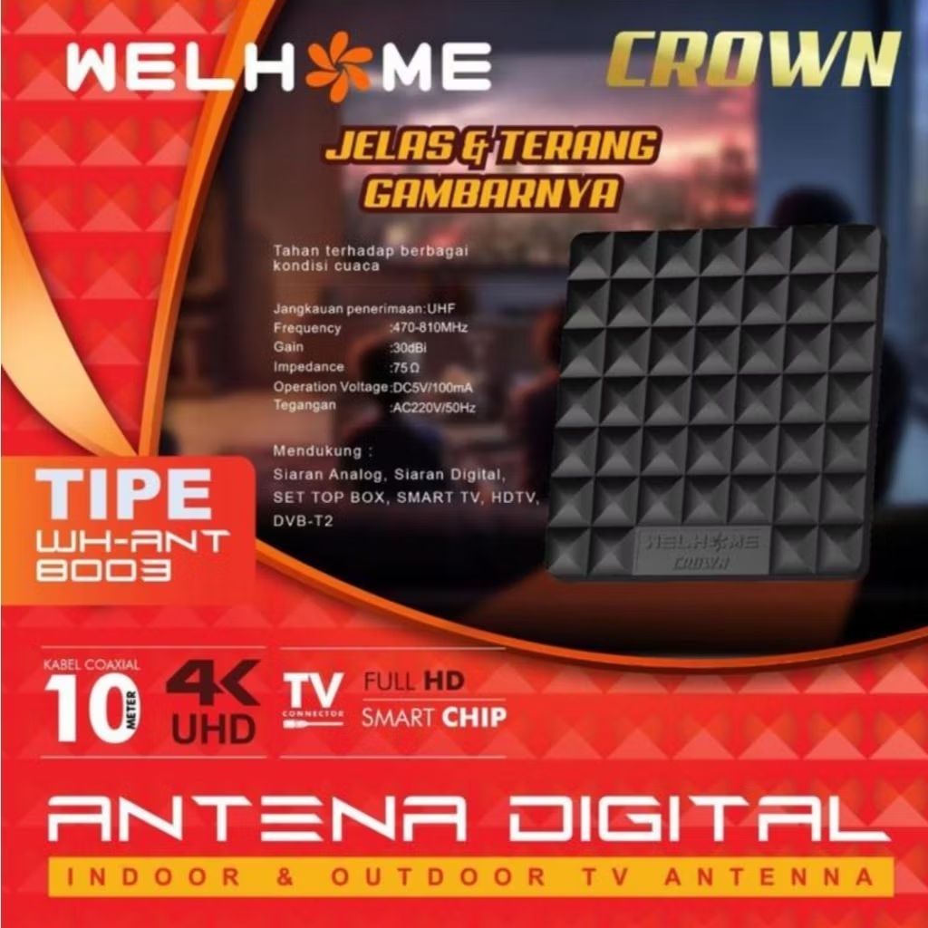 ANTENA TV DIGITAL WELHOME CROWN WH-ANT8003 + KABEL 10M