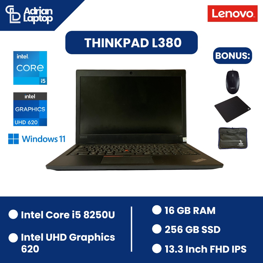 Laptop Second Lenovo Thinkpad L380 | Intel Core i5-8250U | RAM 16GB | SSD 256 GB | Berkualitas & Ber