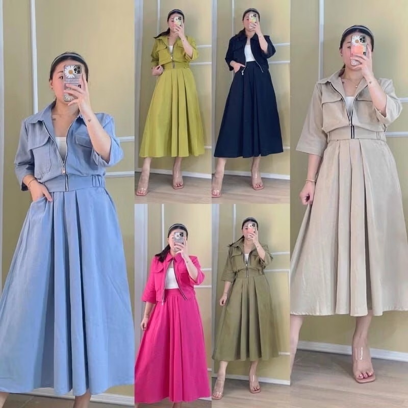 TYANA Zipper Top Midi Flare Skirt Katun Linen