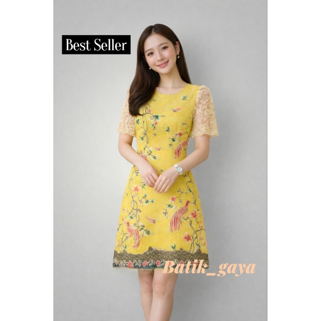 Dress Batik Wanita Model Terusan dengan Bahan Cotton Stretch Adem, Nyaman Dipakai, kombinasi brokat