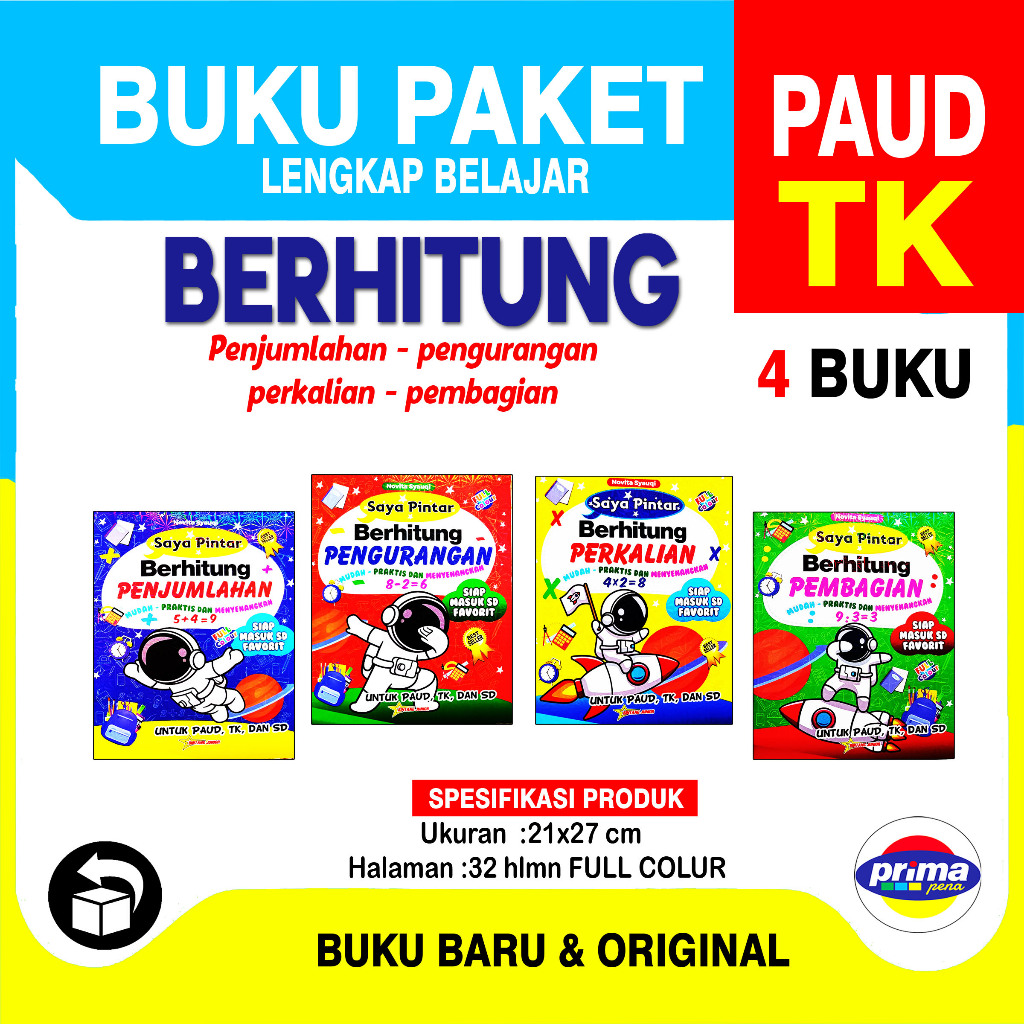 Buku Paket Anak Paud TK Belajar Berhitung/4 Buku/Penjumlahan/Pengurangan/Perkalian/Pembagian/Bintang