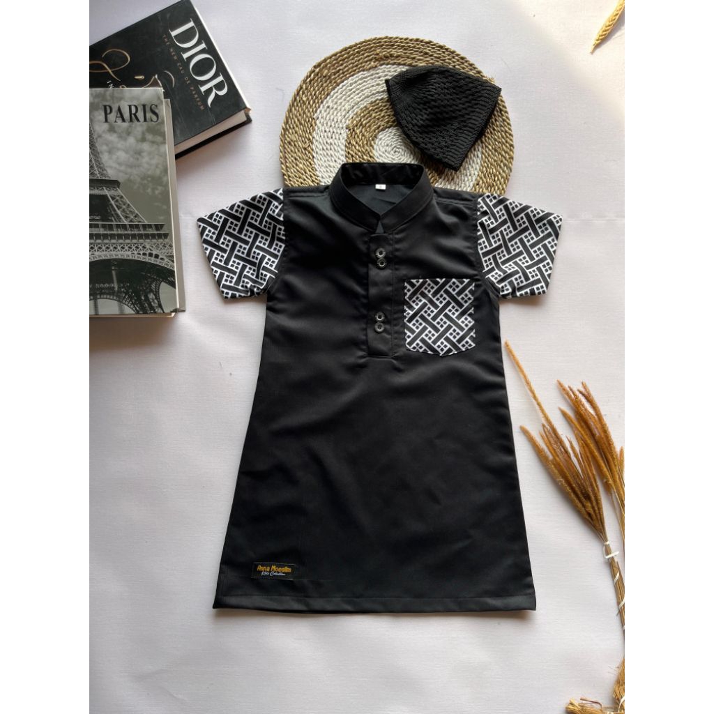 Baju Muslim Anak laki-laki Modern//Jubah Gamis Anak Kombinasi Batik hitam//Set peci Gamis jubah Koko