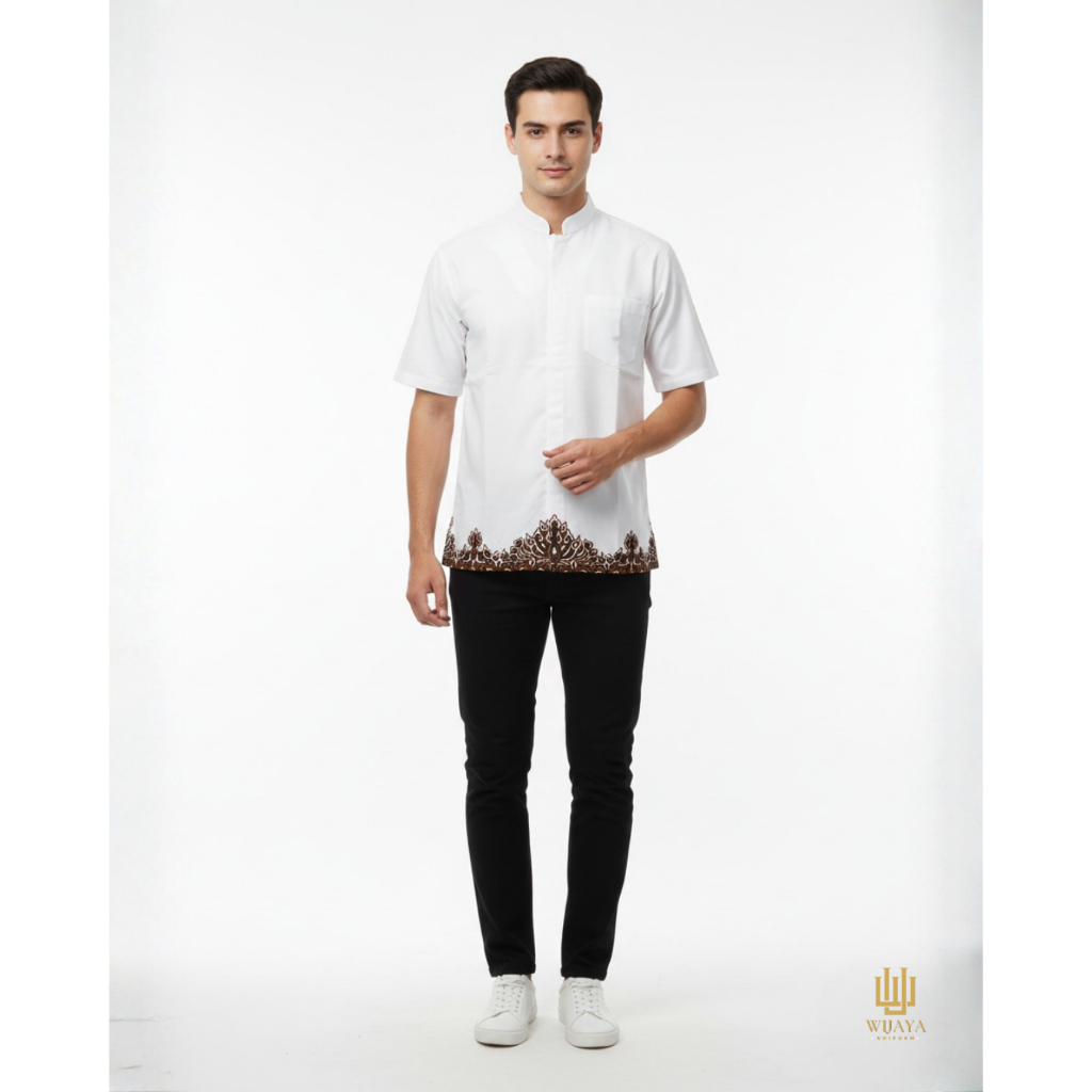 Seragam Kemeja Koko Pria Putih Kombinasi Batik