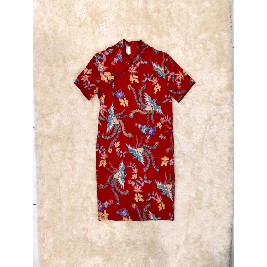 Women Red Batik Phoenix Cheongsam BodyCon Short Sleeve Midi Dress/ Dress Batik Wanita Model Cheongsa