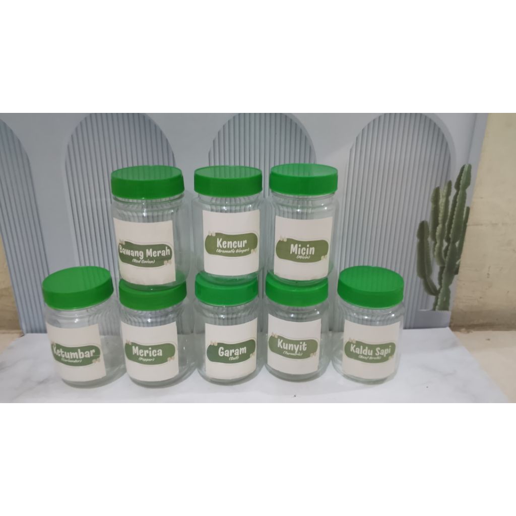 Toples bumbu dapur 200 Ml bulat warna hijau bonus stiker dan sendok
