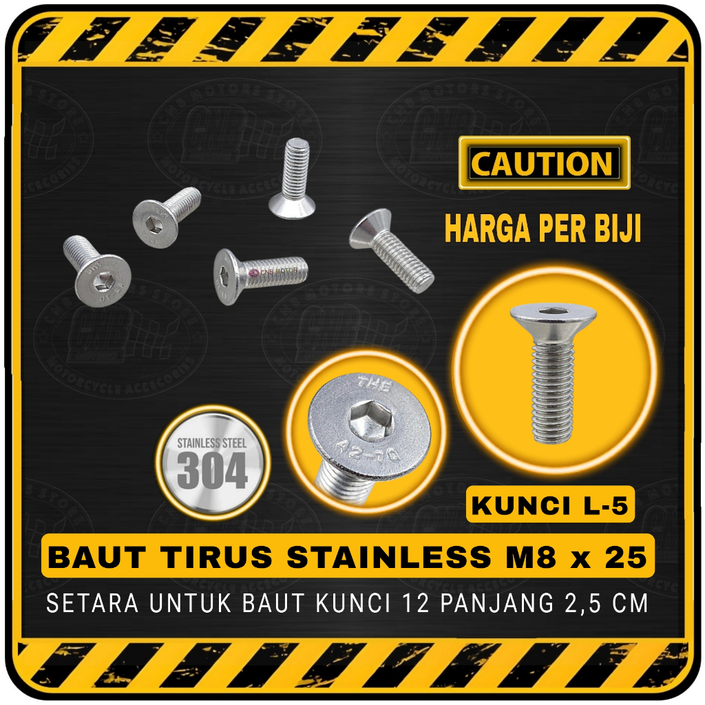 Baut L STAINLESS Tirus / Verseng / JFL M8x25 | M8 x 25 ( Setara Baut Kunci 12 | Panjang 2,5 cm )