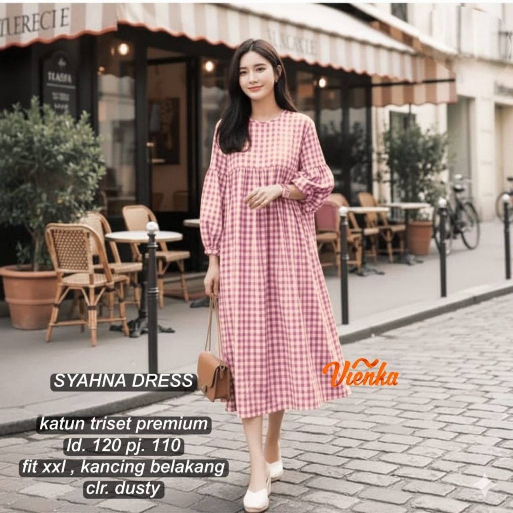 BAJU WANITA SYAHNA MIDI DRESS JUMBO KATUN KOTAK-KOTAK BY VIENKA