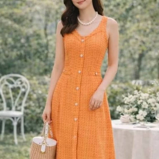 [NEW] ZARA Orange Tweed Long Gemstone Dress ( Premium Twead Twit Twid Tweet Boucle Textured ala Chan