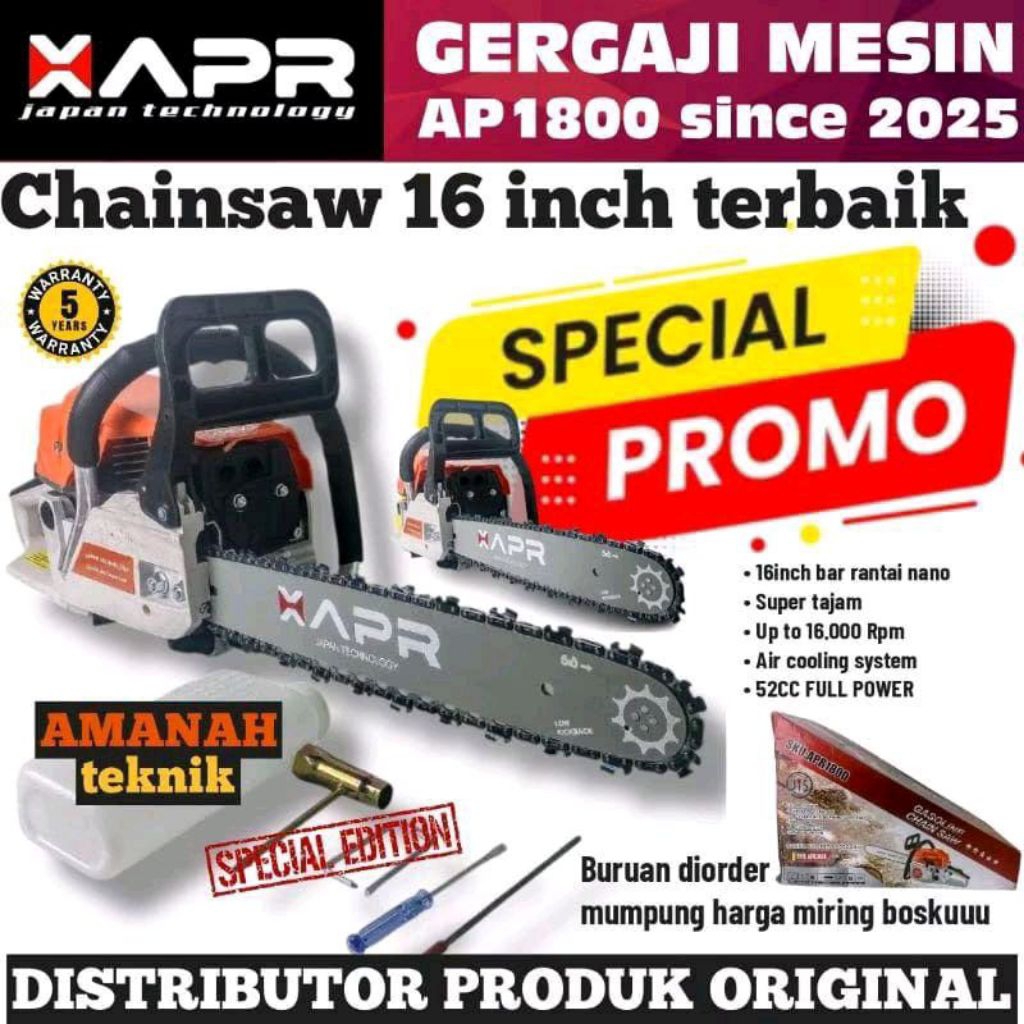 Promo APR AP1800 Chain saw 16inch chainsaw APR senso mesin gergaji kayu 2tak 52cc garansi APR ap1800