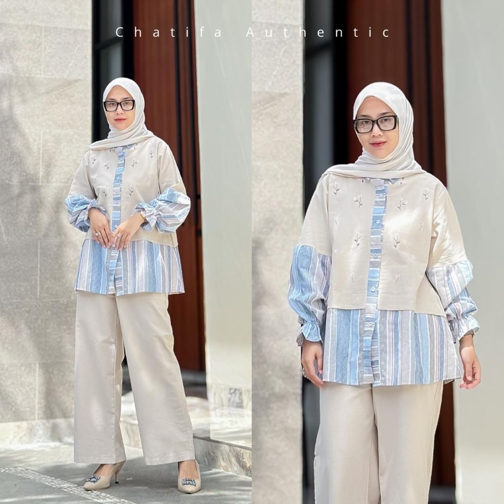 set MISEL 2IN1 by Chatifa Authentic | One Set Wanita Kombinasi Stripe & Embroidery Setelan Baju Bord