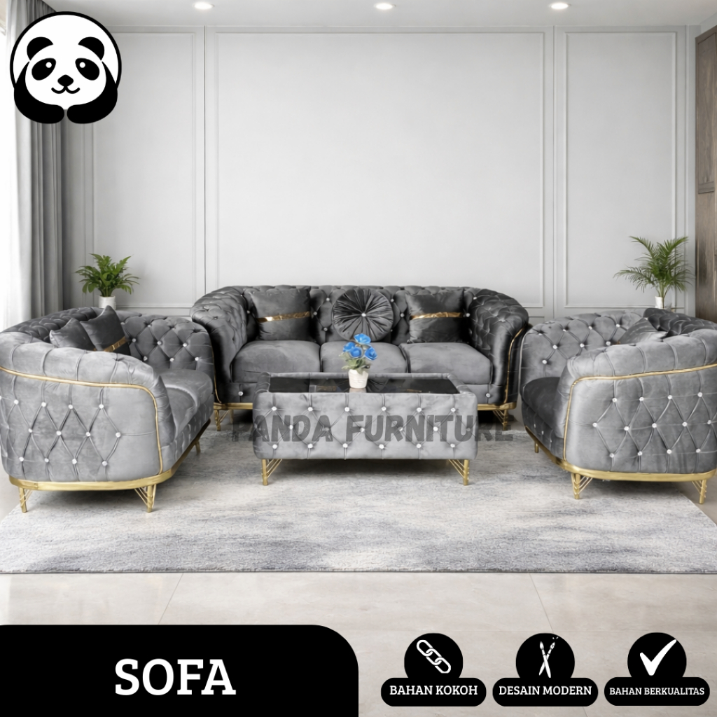 PROMO SOFA ARABELLA FOXY ABU  3-2-1 PREMIUM KAIN BLUDRU + MEJA + BANTALAN NYA KAIN BELUDRU / SOFA ME